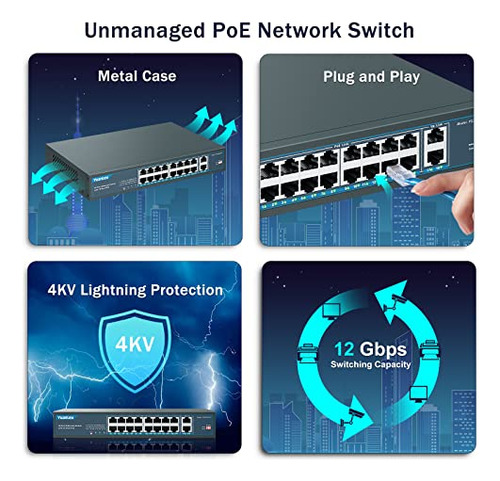 Switch Poe De 16 Puertos Yuanley Con 2 Uplinks Gigabit, 16