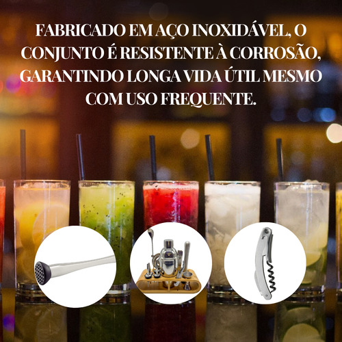 Kit Bartender Abridor Garrafa Manual Mixagem Inox Completo Cinza