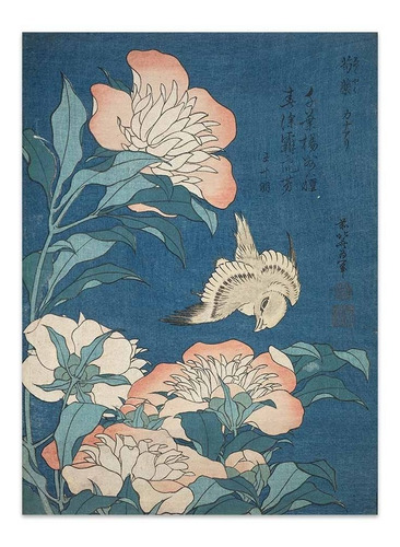 Cuadro Canvas Peonias Y Canario Hokusai 52x70  M Y C