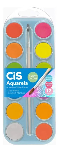 Aquarela Cis 12 Cores Candy Colors Neon + Pastel C/ Pincel Cor Colorida