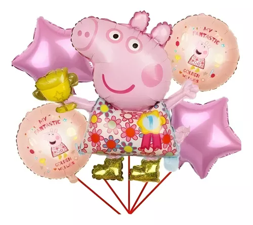 Set 5 Globos Metalizados Peppa Pig Cotillon Cumpleaños Color Rosado