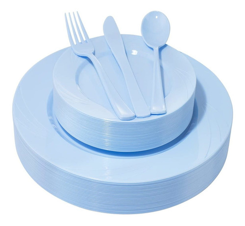 Platos De Plástico Azul Cubiertos De Plástico / 125 Piezas 