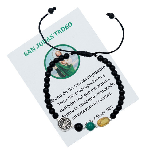 Pulsera Ajustable San Judas Medalla Bolitas Unisex Plata 925 Color Negro Diámetro 6 cm Largo 20 cm