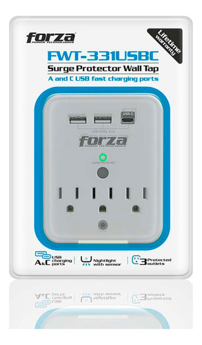 Protector De Voltaje Forza 3 Tomas 120v + 2usb + 1usb-c Luz