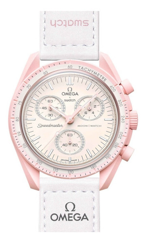 Reloj pulsera Omega x Swatch Mission to Venus con correa de velcro color blanco - fondo rosa - bisel blanco/rosa