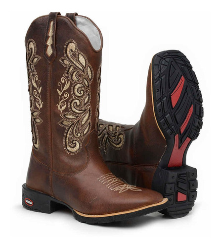 Oferta Bota Feminina Texana Couro Rodeio Bico Quadrado