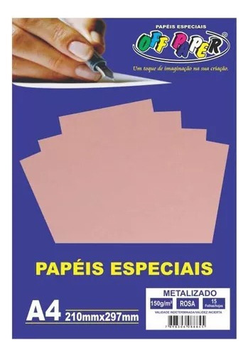 Papel Metalizado A4 Off Paper 150g/m² 15 Folhas Branco Cor Rosa