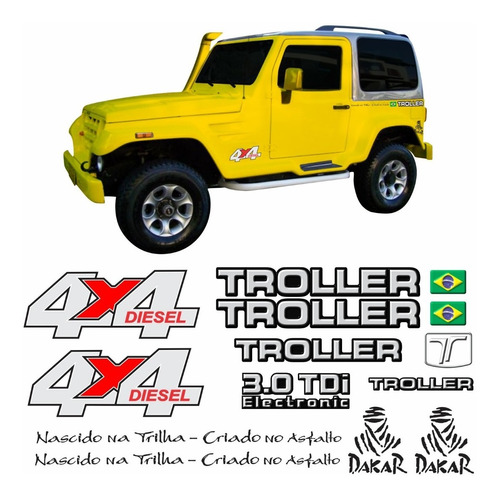 Kit Adesivos Emblema Troller T4 4x4 Diesel 3.0 Tdi 2006 Completo Carro Amarelo Tlr063