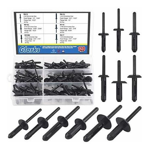 Glarks 120pcs 6 Sizes Black Nylon Pop Rivet Assortment Plast