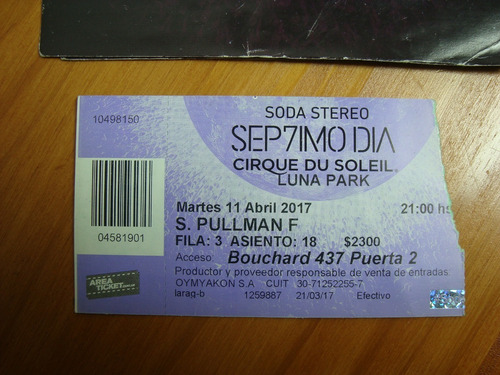 Entrada Coleccion Soda Stereo Septimo Dia Cirque Du Soleil