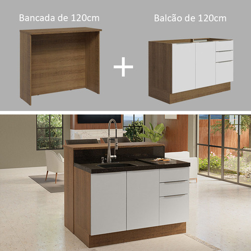 Ilha De Cozinha Com Bancada E Balcão 120 Cm Stella Madesa Cor Rustic/branco