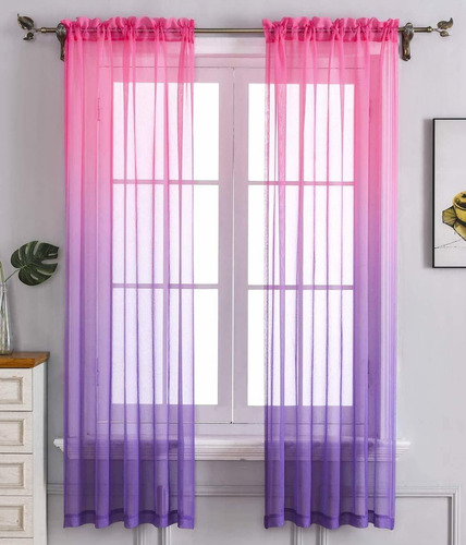  Purple Ombre Sheer Curtains For Kids Room 2 Panels Rod...