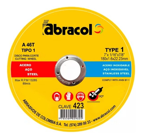 Disco Fino Corte Acero 7 X1/16x7/8 Abracol 423 Pack 3pzas