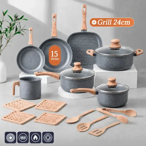 Jogo de Panelas Tuut Ecoglide com Grill de 24" Antiaderente Cerâmica para Indução e 15 Peças Granite