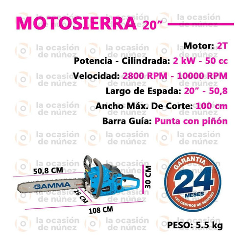 Imagen 2 de 8 de Motosierra Naftera Gamma 9028ar Motor 50cc Espada Cadena 50c