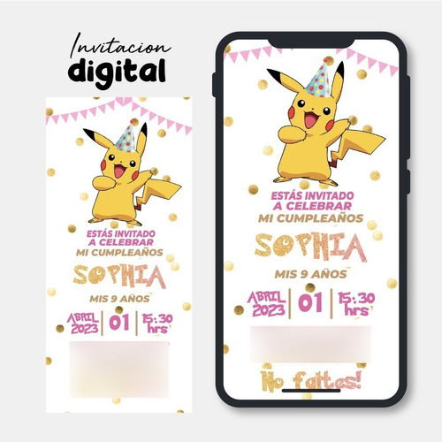 Invitación Digital Cumpleaños Bautizo / Mod Pikachu Niña