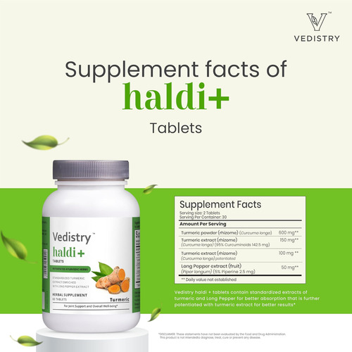 Vedistry Haldi + Comprimidos 850 Mg Com Cúrcuma, 95% De Curc