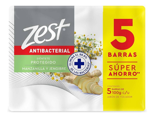 Jabón En Barra Zest Antibacterial Con Manzanilla Y Aceite De Jengibre 5 Barras De 100g