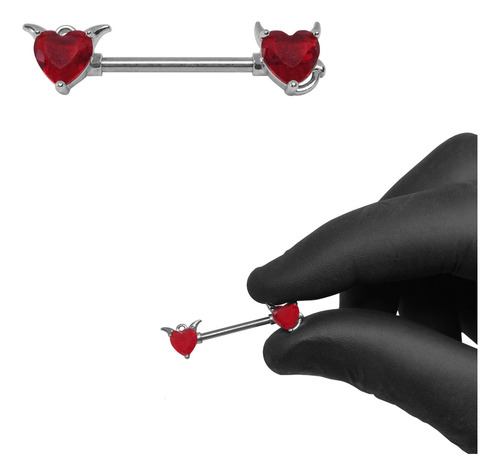 Piercing Nipple Aro Pezon Con Corazon Rojo Diablito Y Angel Color Strass Rojo