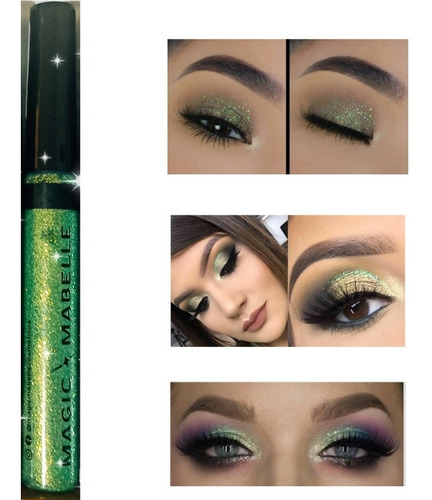 Delineadores De Colores Glitter, Brillos Tonos Magic Mabelle Color Verde Tornasol Efecto Glitter