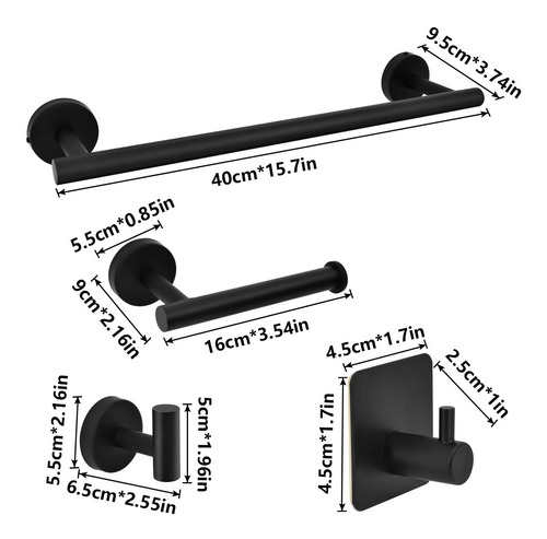 Imagen 3 de 10 de Set De 5 Accesorios De Baño Acero Inoxidable Negro