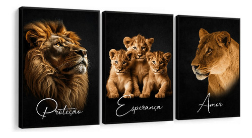 Kit Quadros Decorativos Família Para Quarto Leões 3 Filhotes