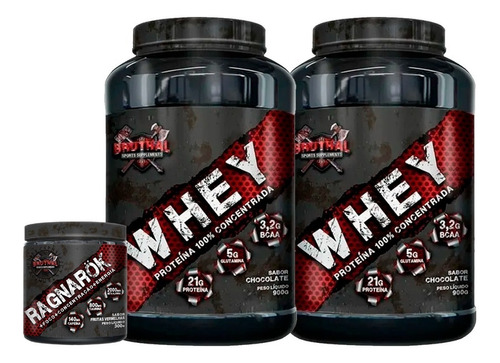 2x Whey 100% Concentrado 900g + Pre Treino 300g - Bruthal Sabor Baunilha