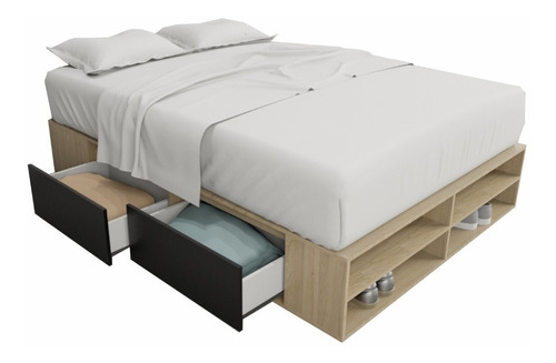 Cama Box Sommier 2 Plazas 4 Cajones + Zapatero Melamina 140