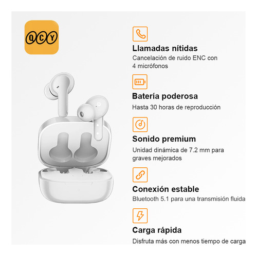 Audífonos In-ear Bluetooth Inalámbrico Qcy T13 Blanco Enc Blanco