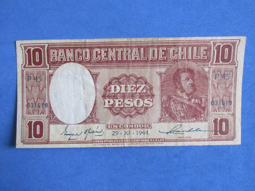 Billete Chile 10 Pesos Firmado Oyarzun- Maschke Año 1944