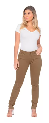 Calça Feminina Sarja Slouchy Caqui Verão Disfarça Barriga