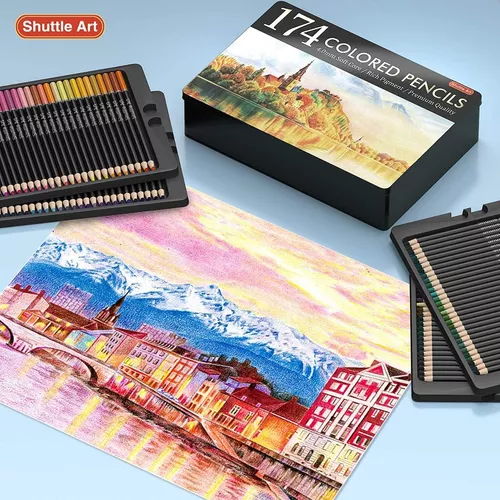 Shuttle Art - Juego de lápices de colores profesionales de 174 colores,  núcleo suave con 1 libro para colorear, 1 bloc de bocetos, 4 sacapuntas, 2