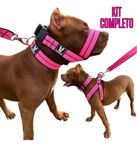 Kit Premium Peitoral Focinheira Coleira P/ Cachorro + Brinde Cor Rosa Tamanho Da Coleira G