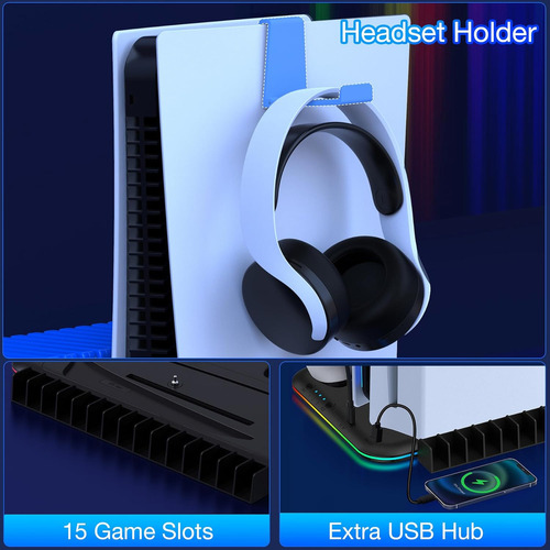 Base de carga Gllai Cooling para mandos de Ps5 con iluminación RGB y ventilador de refrigeración interno compatible con Ps5 y Ps5 Slim White