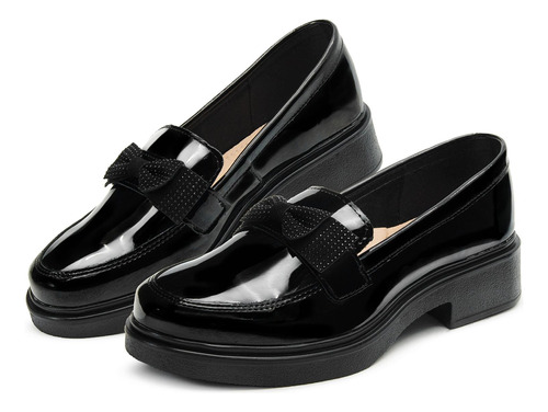 Zapato Casual Escolar Moda Moño Con Tacon Charol Negro