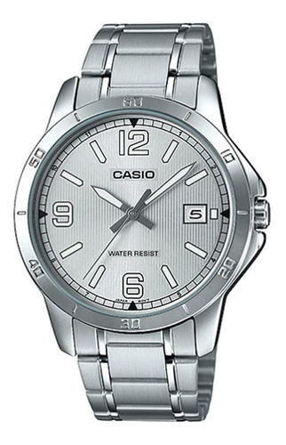 Reloj pulsera Casio MTP-V004 con correa de acero inoxidable color plateado - fondo gris