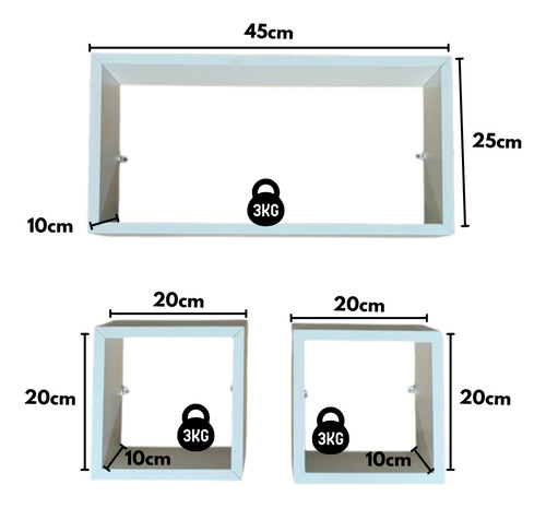 Nichos 2 Quadrados 20x20x10 E 1 Retângulo 45x25x10 Decoração Branco Branco