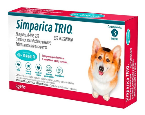 Antipulgas Antigarrapas Simparica Trio 10-20 Kg Caja X3 Tab