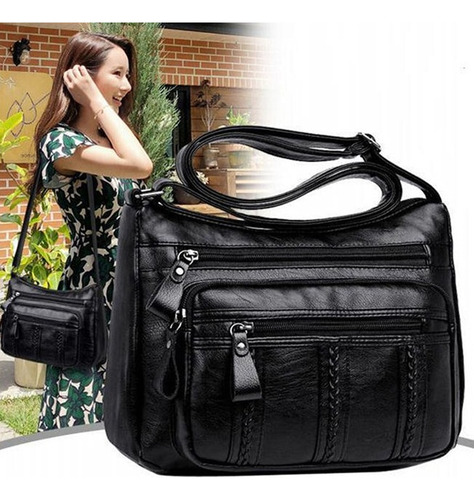 Bolso De Mujer De Cuero Suave Impermeable De Gran Capacidad Acabado De Los Herrajes Negro Color Negro Color De La Correa De Hombro Negro Diseño De La Tela Liso