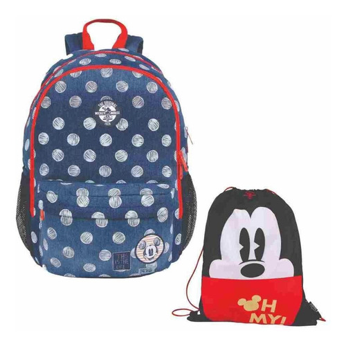 Imagem 1 de 5 de Mochila De Costas Mickey Vintage Jeans Com Saco Esportivo