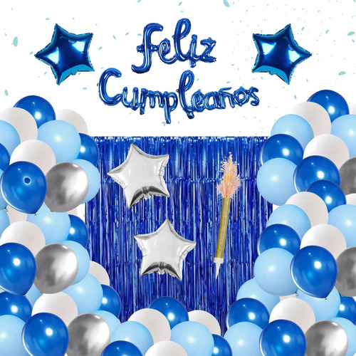 Decoracion Cumpleaños Kit Globos Azul Plata Vela Magica 