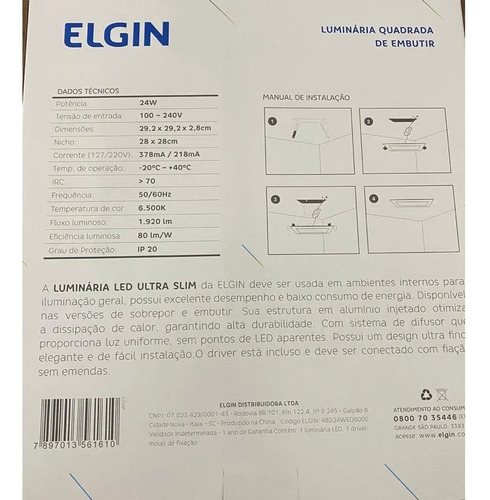 Plafon Painel Quadrado Embutir 24w Elgin Branco Frio 6500k