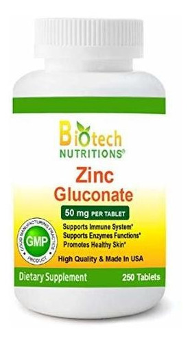 Biotech Nutritions Zinc Gluconate 50 Mg 250 Tabletas Hechas