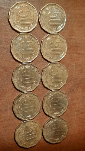 10 Monedas Chilenas De 50 Pesos Año 2007, Excelente Estado..