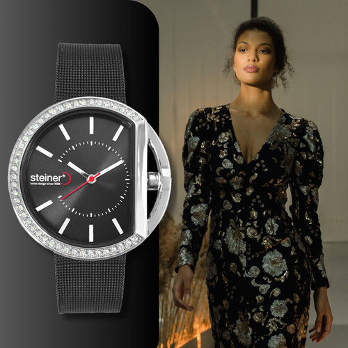 Reloj Steiner Análogo Extensible Malla Acero Inoxidable 3atm Correa Negro Bisel Plateado Fondo Negro
