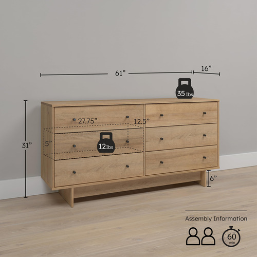 Prepac Finnley Cómoda De 6 Cajones En Roble Natural Cómoda