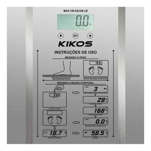 Balança Biopedância Corporal Digital Kikos Ison Preta 150 Kg Cor Prata