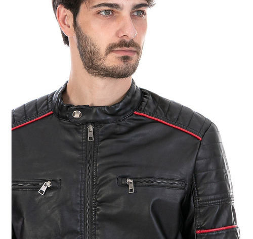 Imagen 4 de 5 de Chamarra Vinipiel Para Hombre Tipo Biker Forro Peluche Fino