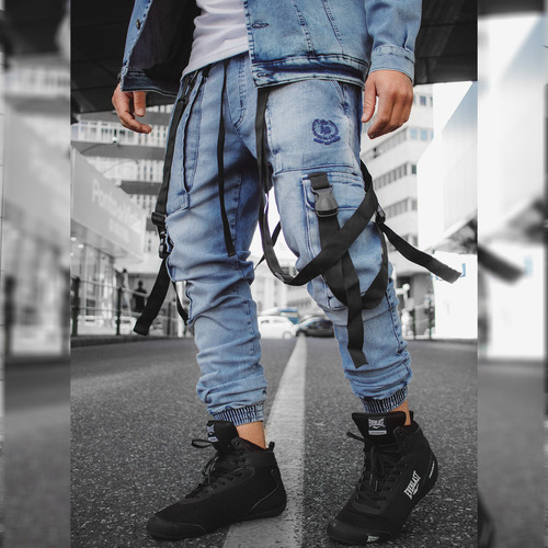 Calça Com Suspensorio Jogger Jeans Masculina Track Preta