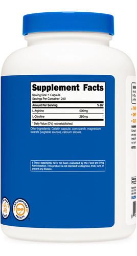 Nutricost L-arginina L-citrulina Complex 750 Mg, 240 Cápsula
